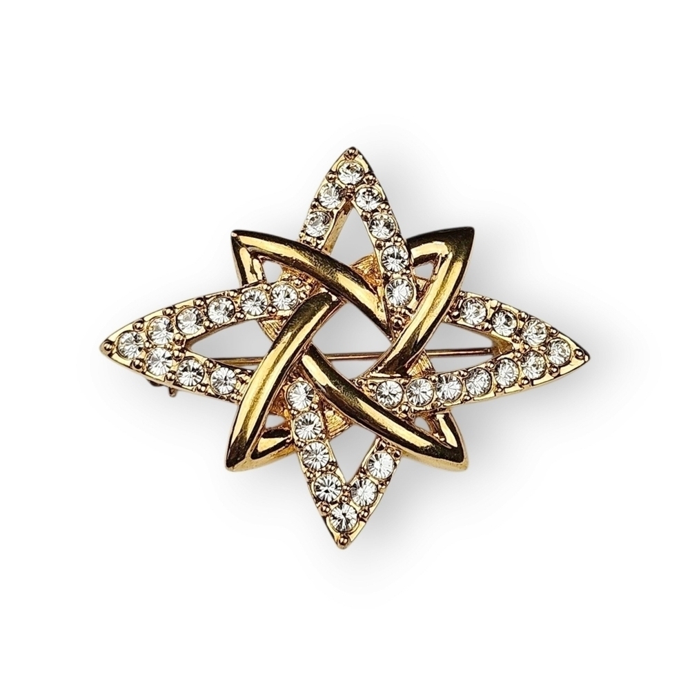 Vintage Monet Atomic Star Brooch Pave White Rhinestone Gold Plated Interlocking